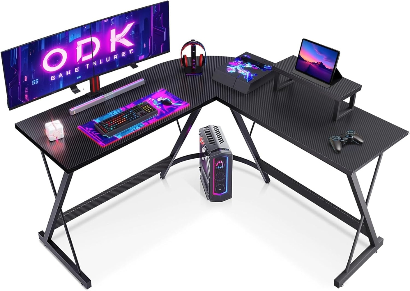 ODK Gaming Tisch, Computertisch, Gaming Schreibtisch mit runder Ecke, Gaming-Tisch mit Monitorablage (Kohlefaser Schwarz, 127x127 cm) Bild 1