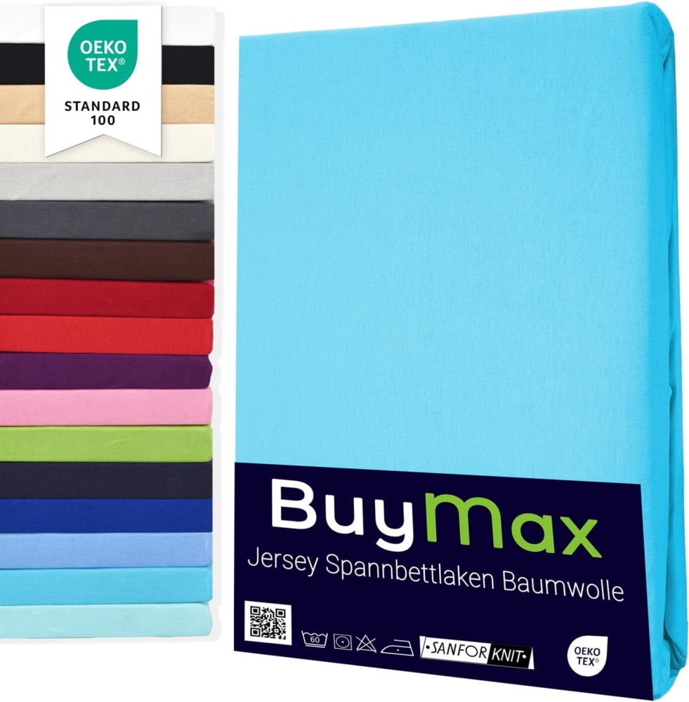 Buymax® Spannbettlaken 120x200 cm Baumwolle 100% Spannbetttuch Bettlaken Jersey, Matratzenhöhe bis 25 cm, Farbe Türkis Bild 1