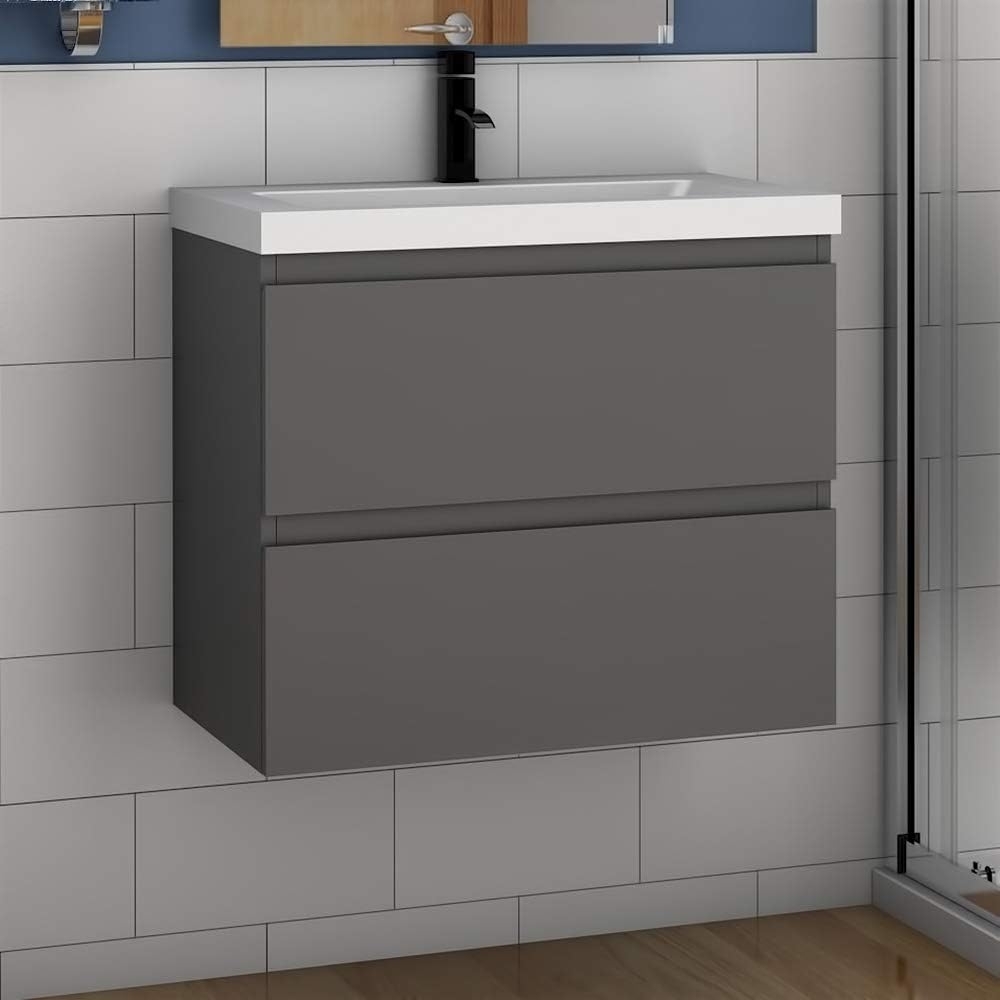 Waschtisch mit Unterschrank 50 cm Badmöbel Set mit Waschbecken Mineralguss Gäste WC Anthrazit Matt Bild 1
