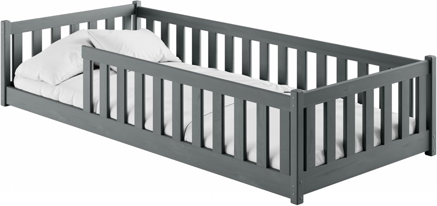 Kids Collective Kinderbett Bodenbett Bett mit Rausfallschutz & Lattenrost Montessori Bett Kinder (weitere Größen 80x160, 90x190, 90x200, 120x200, 140x200 cm), Jugendbett Einzelbett mit Matratze Graphit Kiefer 80x180 cm Bild 1