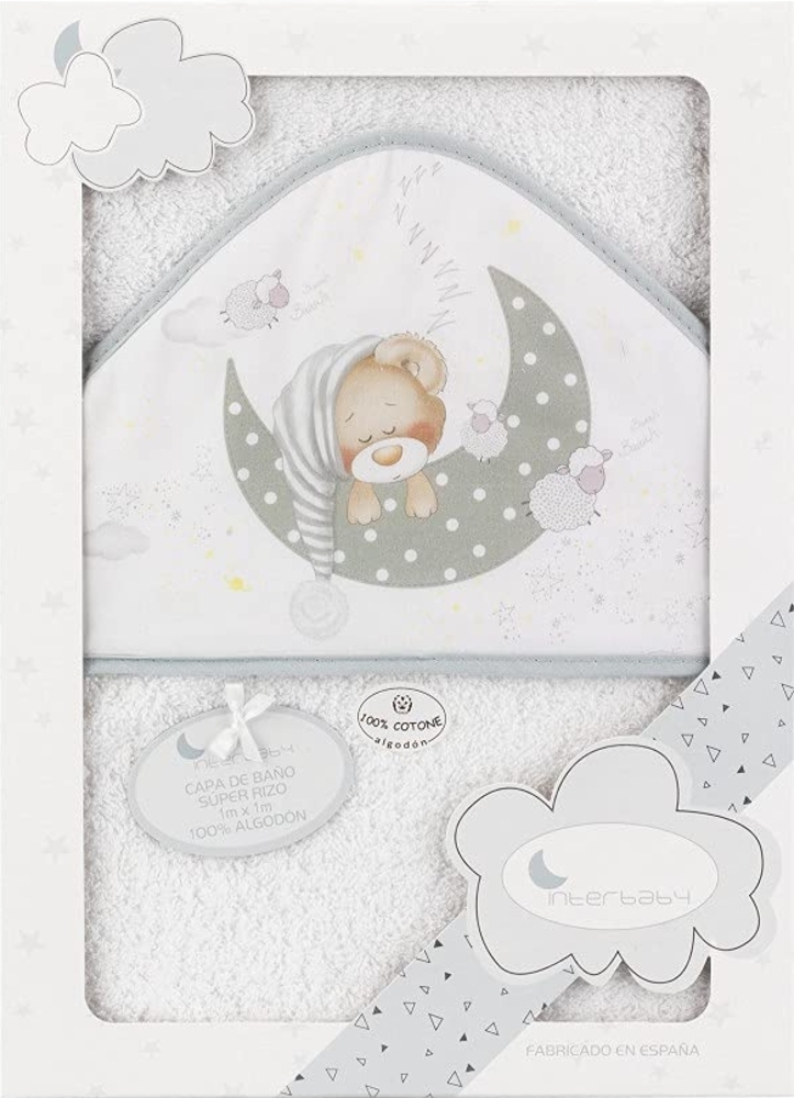 Interbaby 01225-18 Baby Kapuzenbadetuch BEAR SLEEPING weiss e grau, grau Bild 1