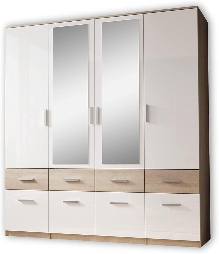 Stella Trading BOX Eleganter Kleiderschrank mit Spiegel & Schubladen - Geräumiger Drehtürenschrank in Sonoma Eiche Optik, Weiß - 180 x 198 x 55 cm (B/H/T) Bild 1