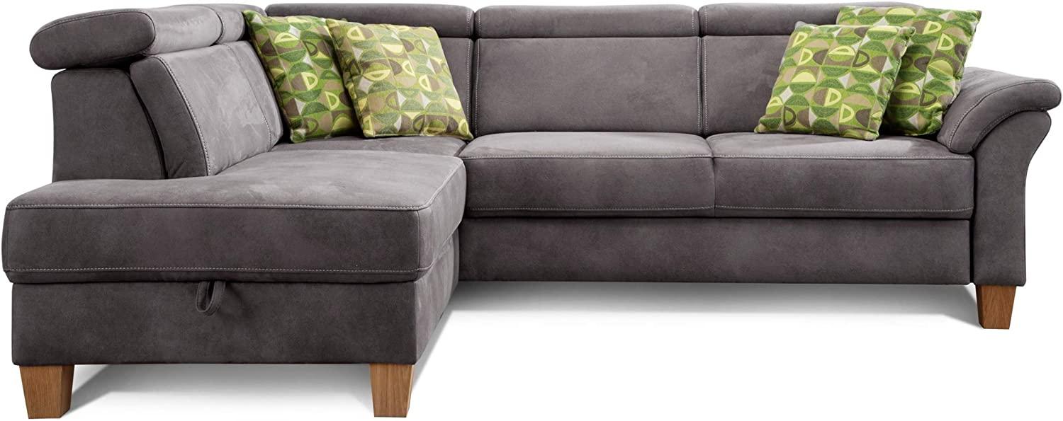 Cavadore Schlafsofa Ammerland mit Ottomane links / Federkern-Sofa im Landhausstil mit verstellbaren Kopfstützen, Bett und Bettkasten / 245 x 84 x 194 / Lederoptik dunkelgrau Bild 1