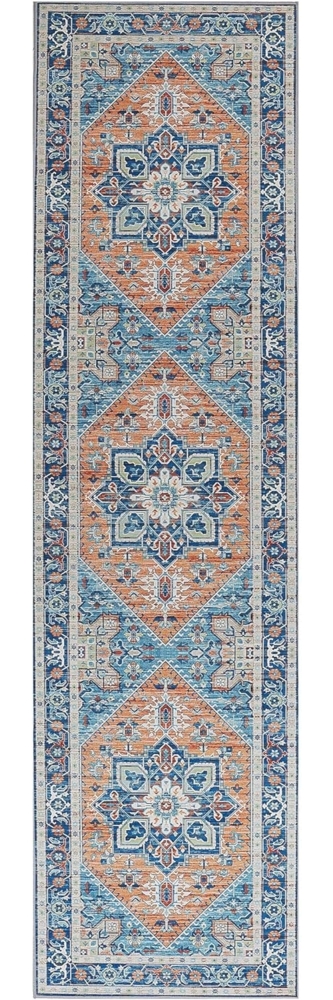 Teppich blau orange orientalisches Muster 80 x 300 cm Kurzflor RITAPURAM Bild 1