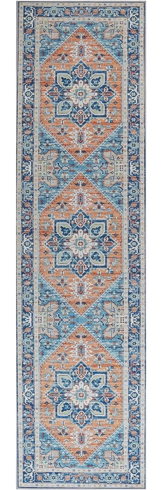 Teppich blau orange orientalisches Muster 80 x 300 cm Kurzflor RITAPURAM Bild 1