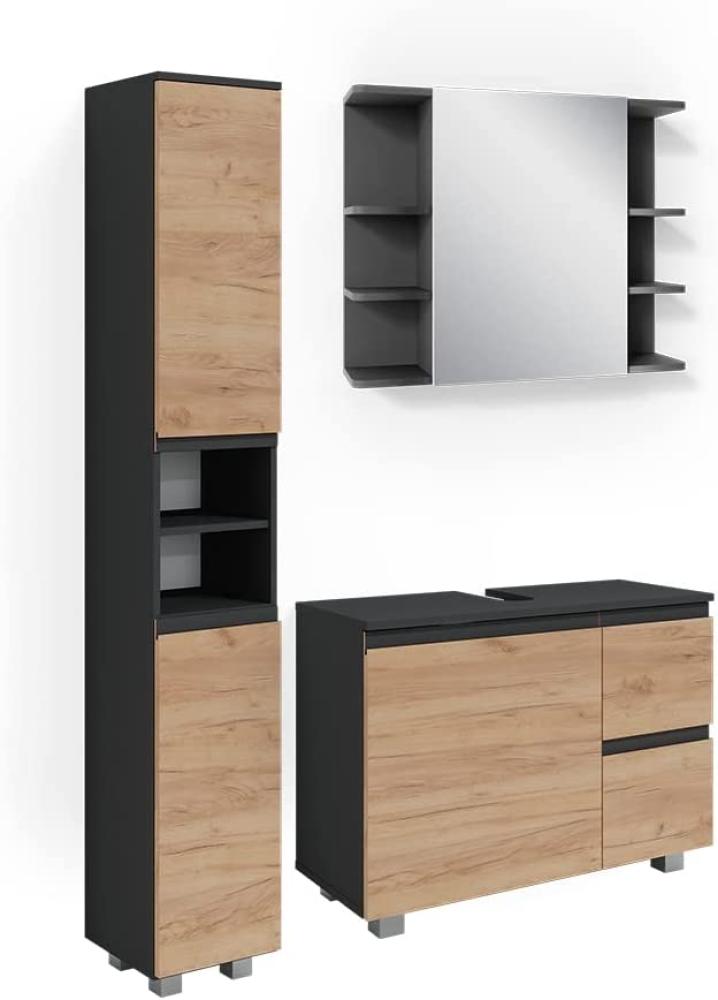 Vicco Badmöbelset J-shape Anthrazit Eiche modern Badezimmer Schrank Badschrank Waschtischunterschrank Spiegelschrank Hochschrank Schranktür Schrankschublade Schrankfach Ablage Aufbewahrung Bild 1