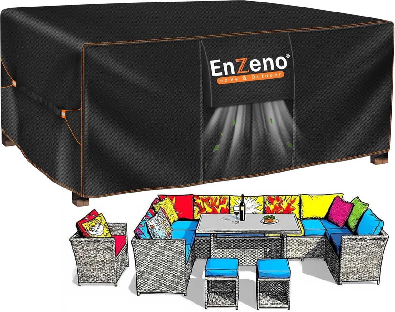 Enzeno Abdeckung für Gartenmöbel wasserdichte, Rattanmöbel Abdeckung Winterfest 420D Oxford Gewebe Loungemöbel Abdeckung, Abdeckplane Schutzhülle für Gartentische, Stühle und Möbelsets 250 x 250 x 90 cm Bild 1