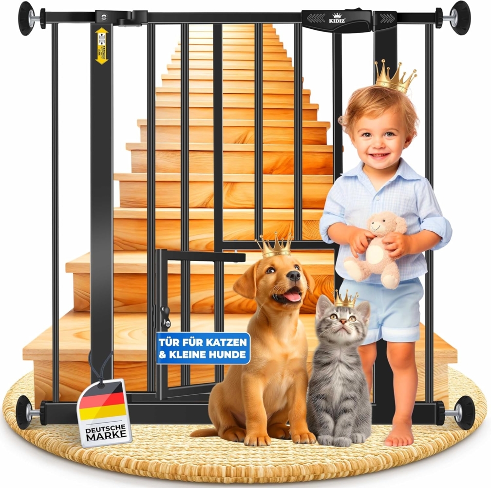KIDIZ® Türschutzgitter Absperrgitter Treppengitter Kindergitter | mit Türe für Hunde und Katzen, Haustier | ohne Bohren | erweiterbar | kombinierbar mit Y-Spindeln | schwenkbar, Größe: 74-87 cm Bild 1
