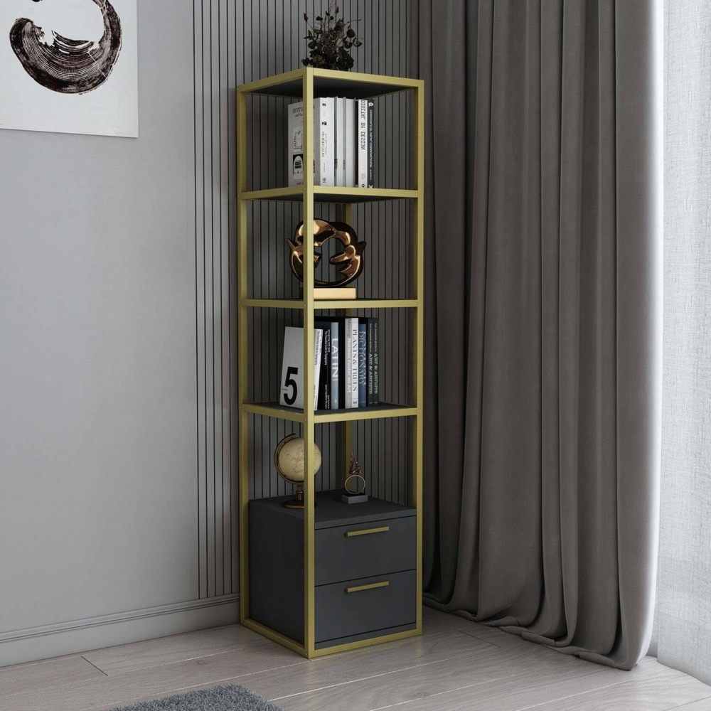 Dmora - Bücherregal Artemis, Büroregal, Mobiler Buchhalter, Bücherbrett, 39x39h169 cm, Gold und Anthrazit Bild 1