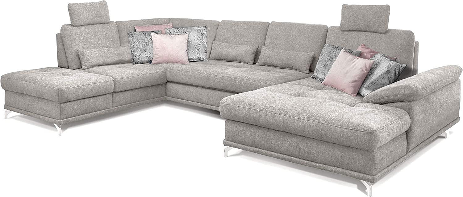 Cavadore Wohnlandschaft Castiel mit Federkern / Großes U-Form-Sofa mit Schlaffunktion, Sitztiefenverstellung und Kopfstützen / 368 x 114 x 232 / Webstoff, Hellgrau Bild 1