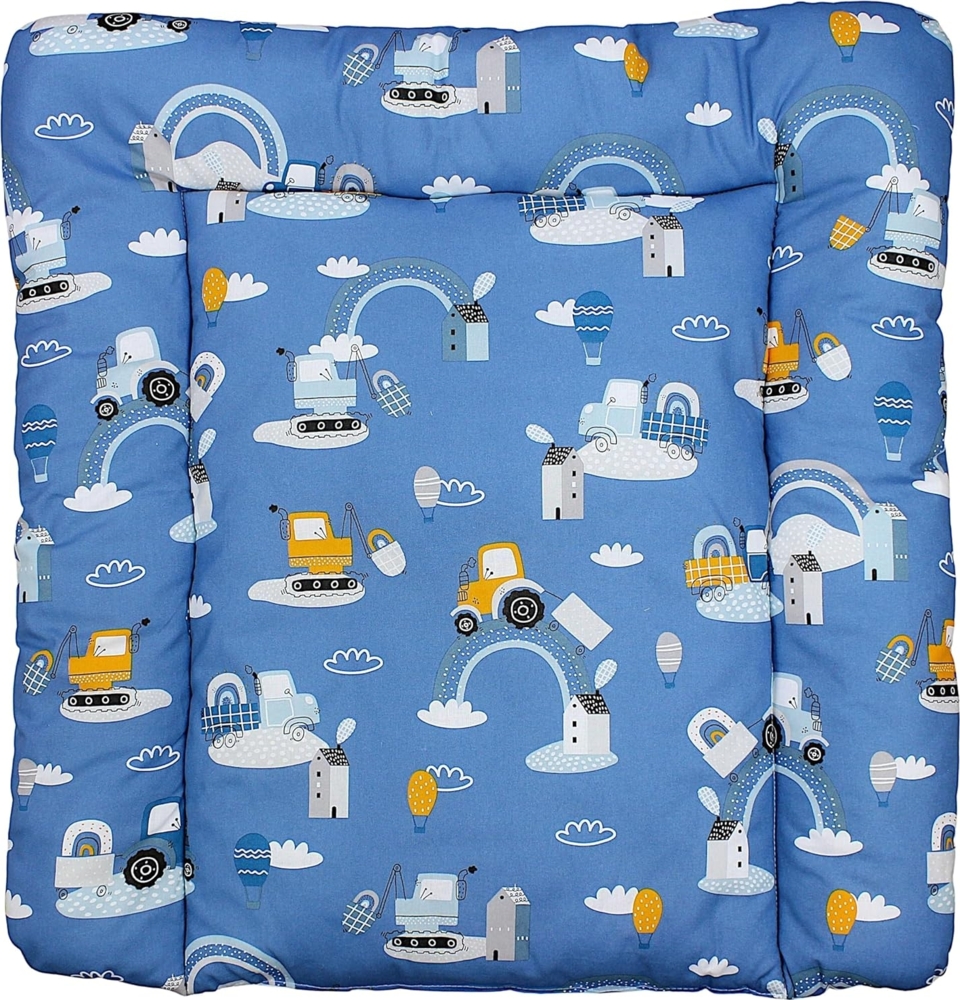 TupTam Baby Wickeltischauflage mit Baumwollbezug Gemustert, Farbe: Traktoren/Regenbögen/Blau, Größe: 70x50 cm Bild 1