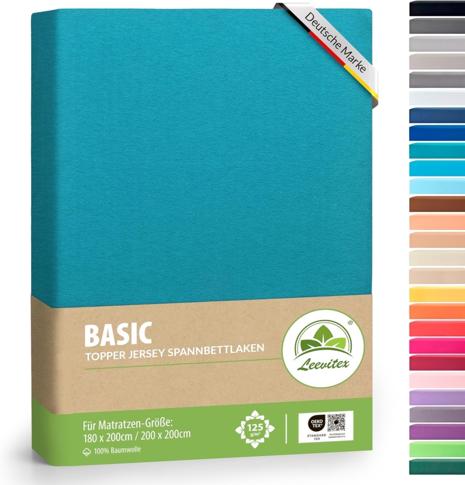 leevitex Topper Boxspringbett Spannbettlaken | 100% Baumwolle | Ökotex | 125 g/m² |180x200 cm - 200x200 cm | Petrol | 18 cm Steg Bild 1