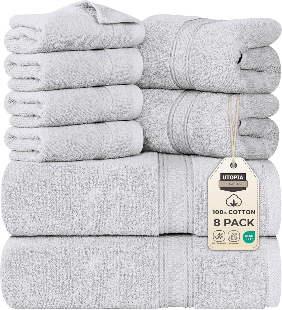Utopia Towels 8-teiliges Premium-Handtuch-Set, 2 Badetücher, 2 Handtücher und 4 Waschlappen, 600 g/m², 100% ringgesponnene Baumwolle, Fitnessstudio, Hotel und Spa (Silber) Bild 1