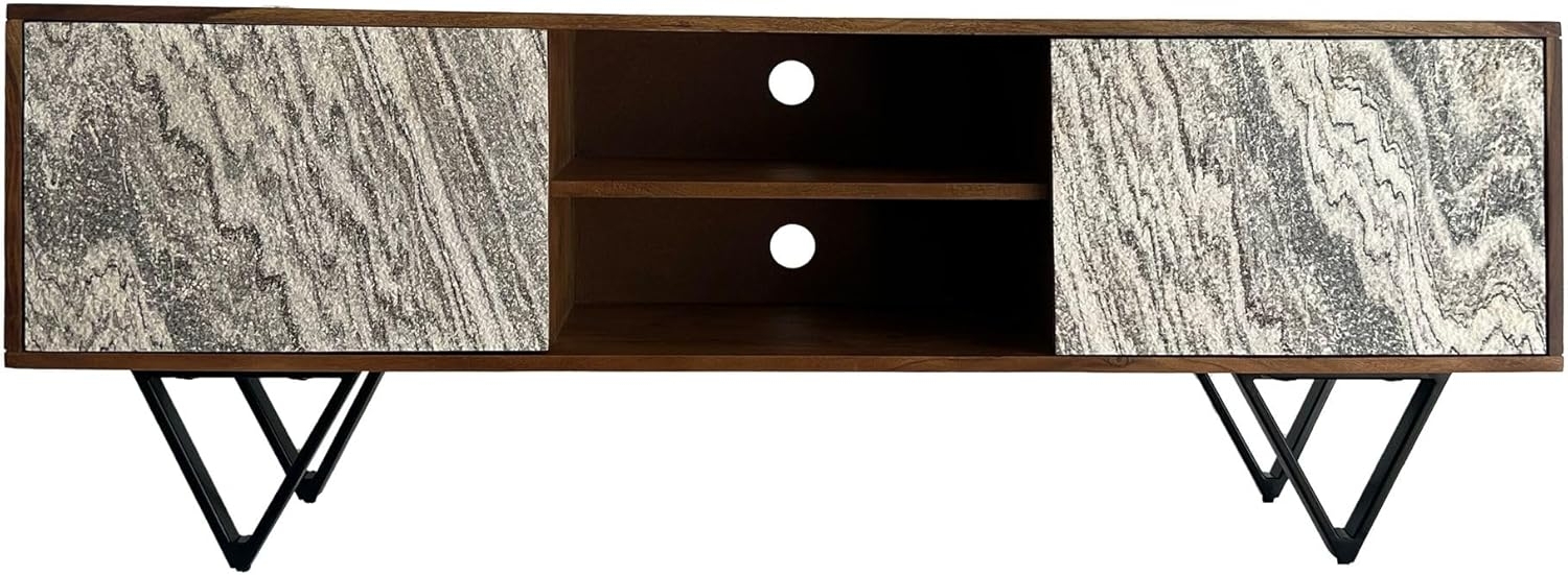 Lowboard Sheesham Massivholz 150x56x35cm TV-Kommode Steinoptik Weiß Modern Metallbeine Bild 1