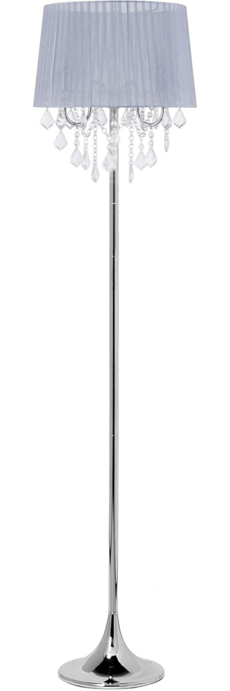 'Evans' Stehlampe Grau Metall 170 cm 3-flammig Stoffschirm mit Kristallen aus Acrylglas Kronleuchter-Optik Kabel mit Schalter Glamourös Bild 1