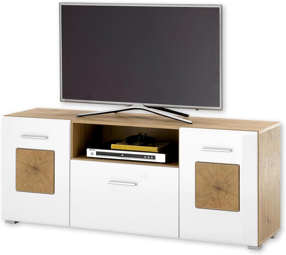 GEORGIA TV-Lowboard in Weiß, Artisan Eiche Optik mit Hirnholz-Applikationen - Moderner TV Schrank mit viel Stauraum für Ihr Wohnzimmer - 140 x 58 x 38 cm (B/H/T) Bild 1