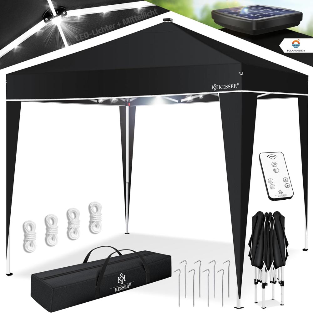 KESSER® Pavillon Faltpavillon 3x3m mit LED Beleuchtung Solar Fernbedienung | Gartenzelt Höhenverstellbar & Wasserdicht + Tasche Bodenanker | Pop-Up Klicksystem UV-Schutz 50+ Partyzelt Schwarz Bild 1