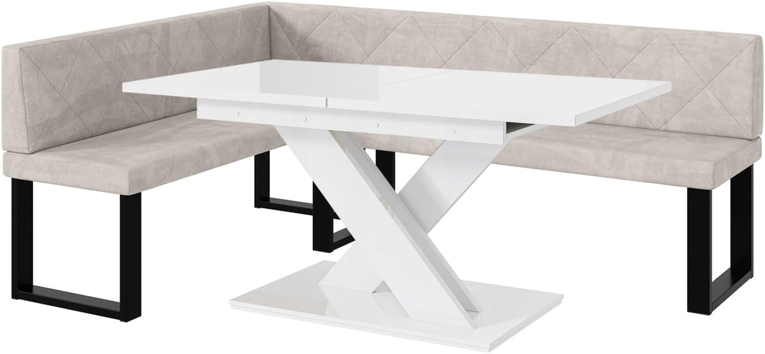 MEBLINI Eckbank für Esszimmer mit ausziehbarem Tisch - Küchenbank - Essecke - Sitzecke Küche - ERIC - U-Beine 142 x 196 x 87 cm Links - Beige Samt/B Weiß Hochgl. Bild 1