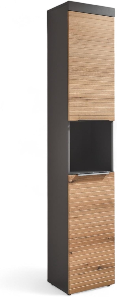 TARAWA Badezimmer Hochschrank in Graphit, Evoke Eiche Optik FSC-zertifiziert - Badezimmerschrank Bad Schrank mit viel Stauraum - 36 x 190 x 31 cm (B/H/T) Bild 1