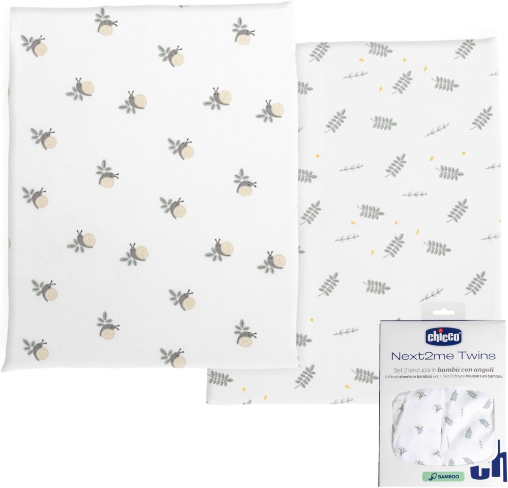 Chicco Bettwäsche-Set aus Bambusfaser, kompatibel mit Next2Me Twins Wiegen, 2 Stück Bettwäsche mit Ecken, Muster mit Blättern und Schnecken Bild 1