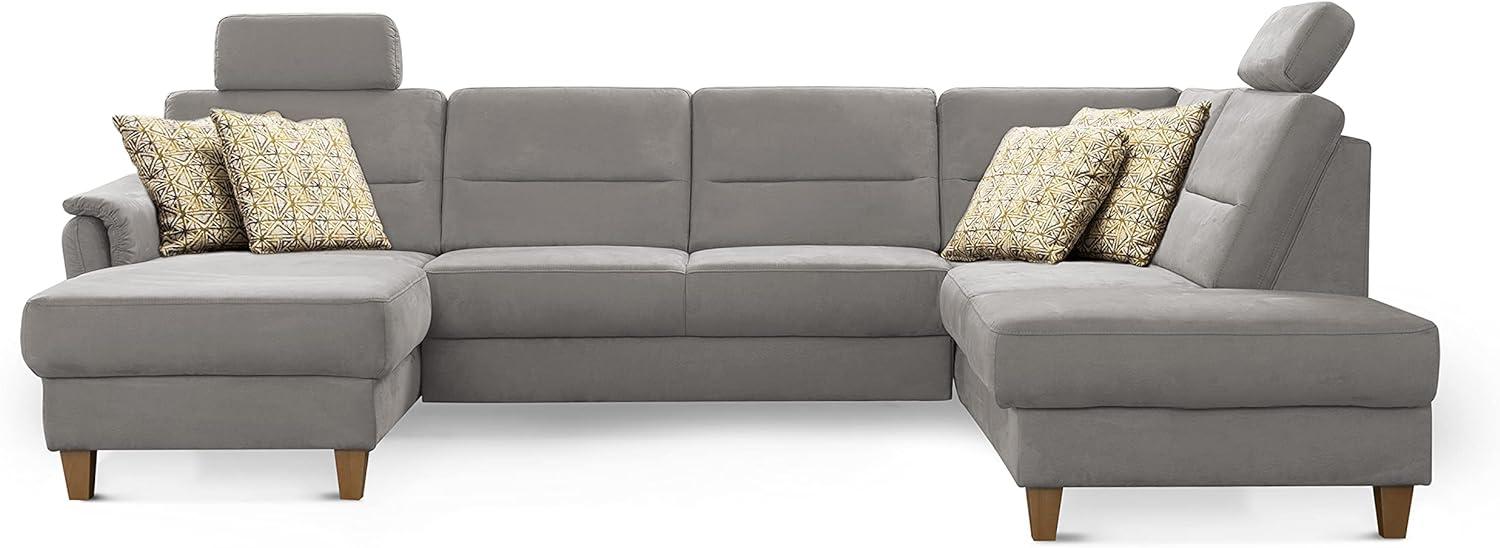 CAVADORE Wohnlandschaft Palera / Federkern-Sofa in U-Form mit 2 Kopfstützen / 314 x 89 x 212 / Mikrofaser, Hellgrau Bild 1