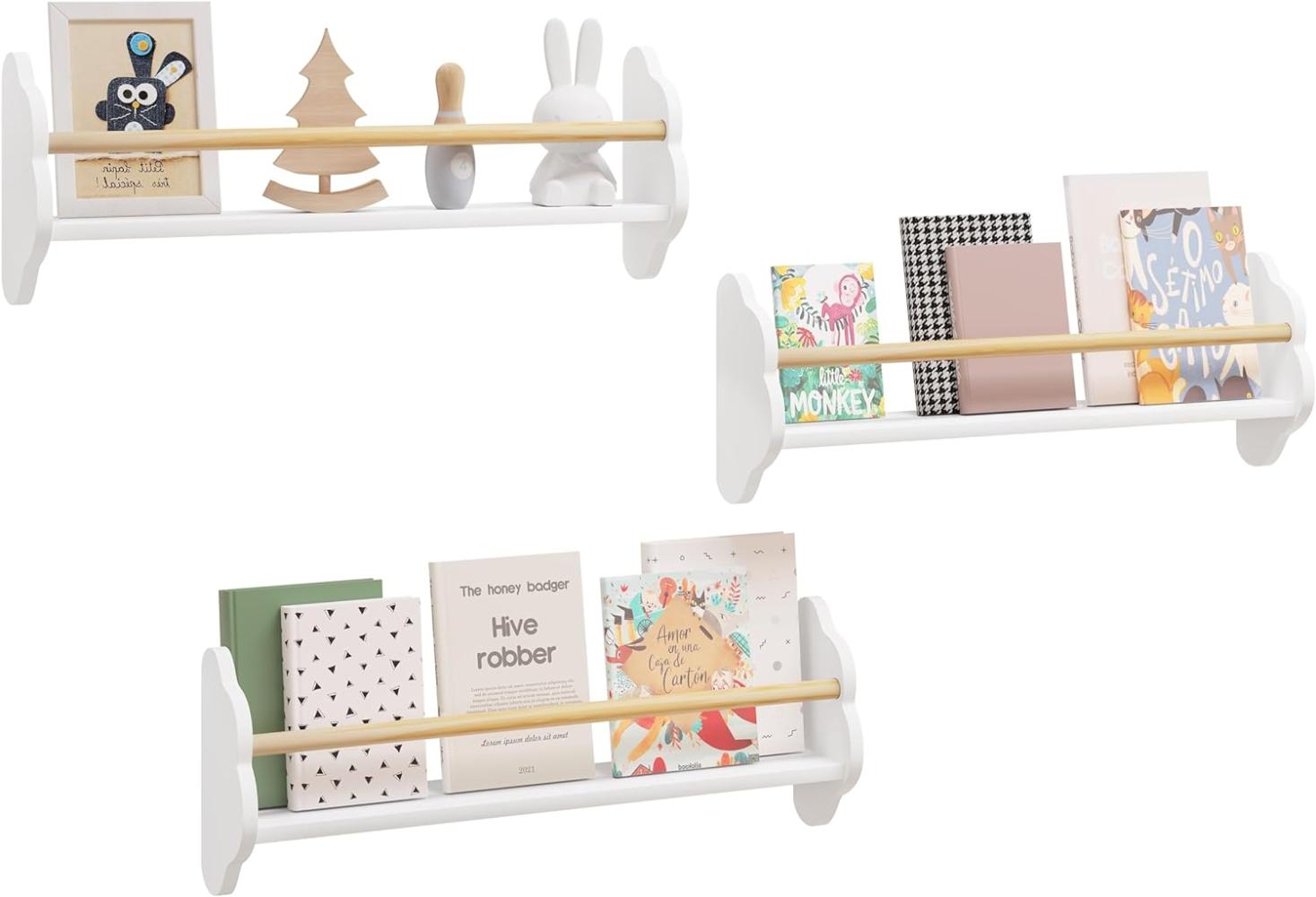 WOLTU Kinder Bücherregal Wandregal, Kinderzimmerregal mit 3 Ablagen, Kinderregal für Buchaufbewahrung, aus Kiefernholz MDF, für Kinderzimmer Spielzimmer, Weiß, KR025ws65 Bild 1