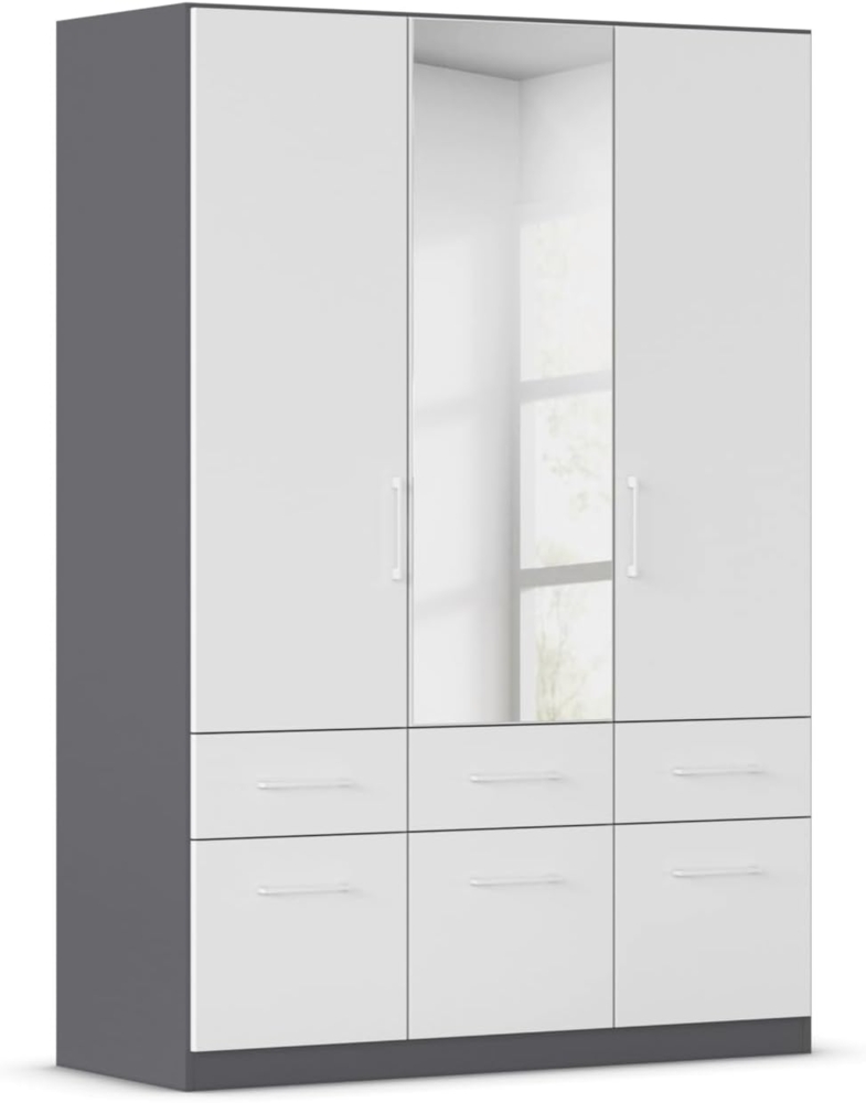 Rauch Möbel Dundee, Kleiderschrank, Schrank, Garderobe, Organizer, 3-türig, mit Spiegel, 6 Schubladen für mehr Stauraum, Farbe Weiß/Grau metallic, Schwarz, Stangengriff Weiß, 136 x 197 x 54 cm Bild 1
