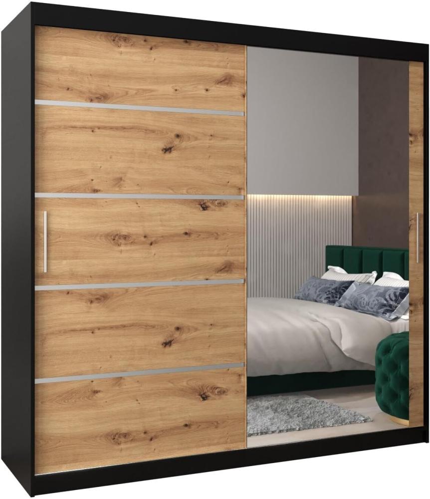 Kryspol Schwebetürenschrank Verona 2-200 cm mit Spiegel Kleiderschrank mit Kleiderstange und Einlegeboden Schlafzimmer- Wohnzimmerschrank Schiebetüren Modern Design (Schwarz + Artisan Eiche) Bild 1