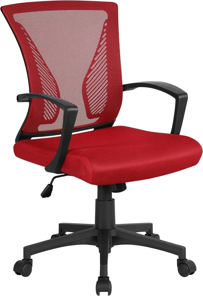 Yaheetech Bürostuhl Ergonomisch, Schreibtischstuhl mit Netzbespannung, Arbeitsstuhl mit Armlehnen, Chefsessel aus Mesh, höhenverstellbarer Computerstuhl 136 kg, atmungsaktiv, Wippfunktion Rot Bild 1