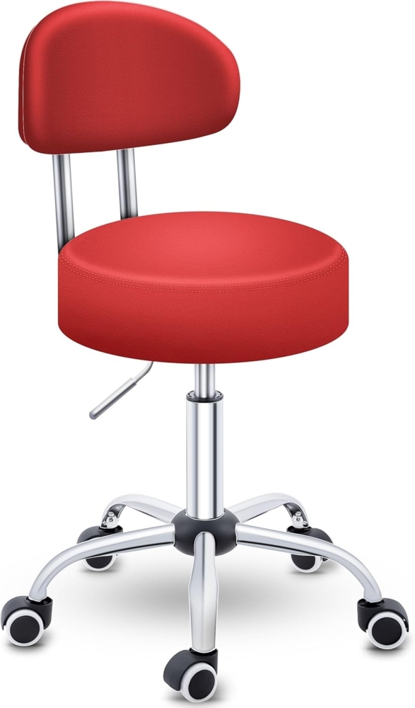 TRESKO® Rollhocker mit Lehne | Arbeitshocker höhenverstellbar 47-60 cm | Drehhocker mit Rollen | Bürostuhl Hocker Drehstuhl Kosmetikhocker (Rot) Bild 1