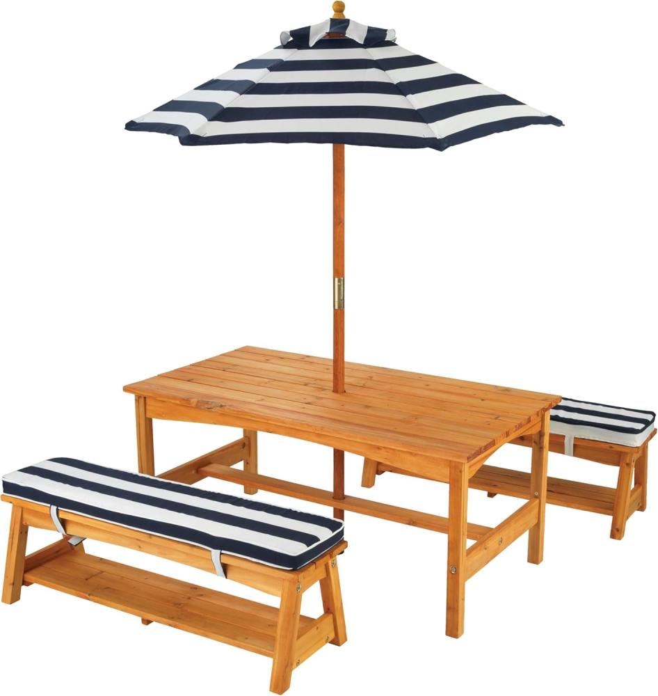 KidKraft Hübsches Gartenmöbelset, Gartentisch mit Bänken und Sonnenschirm, blau weiß gestreift, aus Holz Bild 1