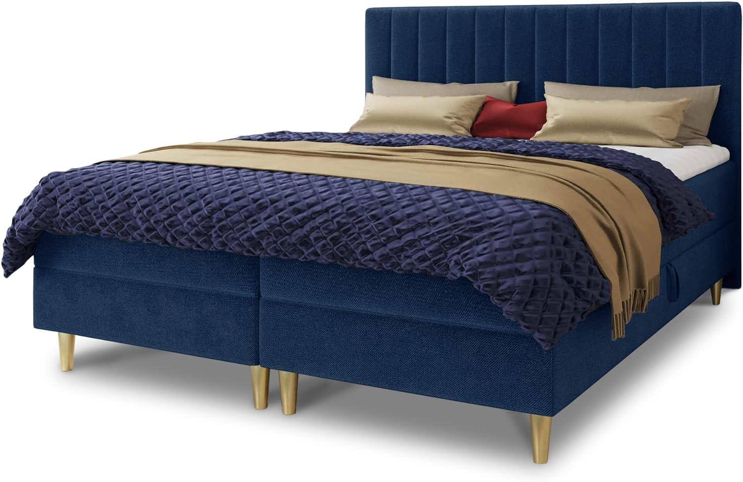 Boxspringbett Gold mit 2 Bettkästen und Topper - Doppelbett, Bonell-Matratze, Polsterbett, Bett mit Matratzentopper, Schlafzimmer, Velours Stoff (Blau (Manila 26), 140 x 200 cm) Bild 1