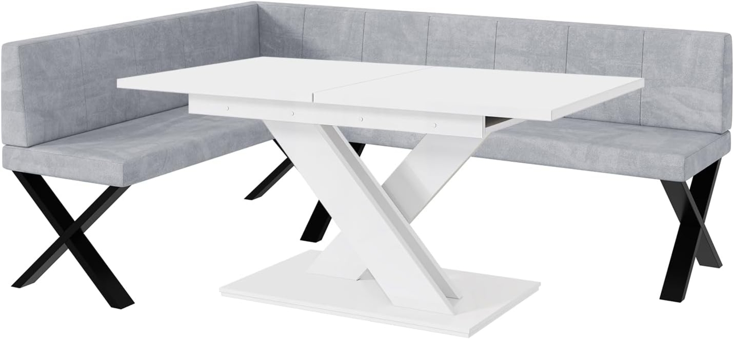 MEBLINI Eckbank für Esszimmer mit ausziehbarem Tisch - Küchenbank - Essecke - Sitzecke Küche - PETER - X-Beine 142x196x87cm Links - Hellgrau Samt/B Weiß Matt Bild 1