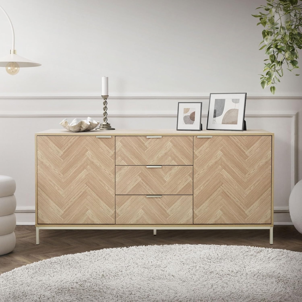 ML-DESIGN Kommode Sideboard Kommodenschrank Highboard Wohnzimmer Aufbewahrungsschrank, Wohnzimmerschrank Fischgrätenmuster laminierte Spannplatte / Stahl Bild 1