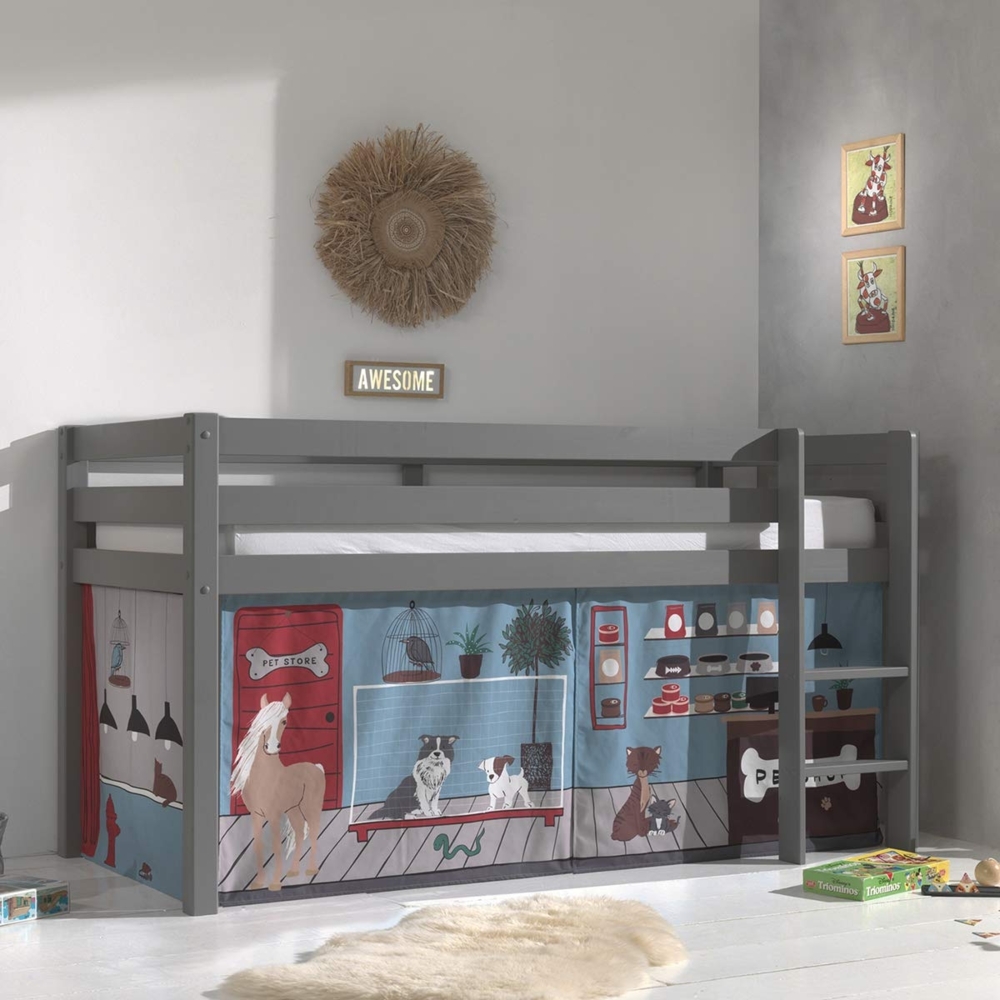 Vipack 'Pino' Halbhochbett 90x200 cm, grau, Kiefer massiv, mit Textilset 'Pet Shop' Bild 1