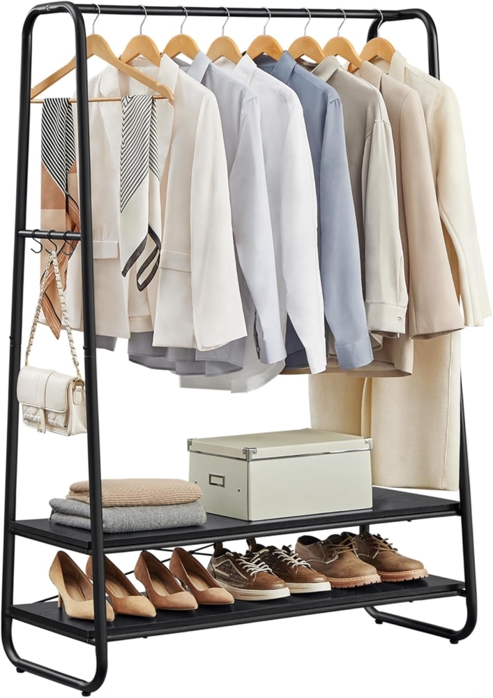 VASAGLE Kleiderständer, Garderobenständer, Garderobe, 2 Ablagen, 6 Haken in S-Form, Stahlgestell, für Schlafzimmer, Flur, Eingangsbereich, ebenholzschwarz-mattschwarz RGR112B03 Bild 1