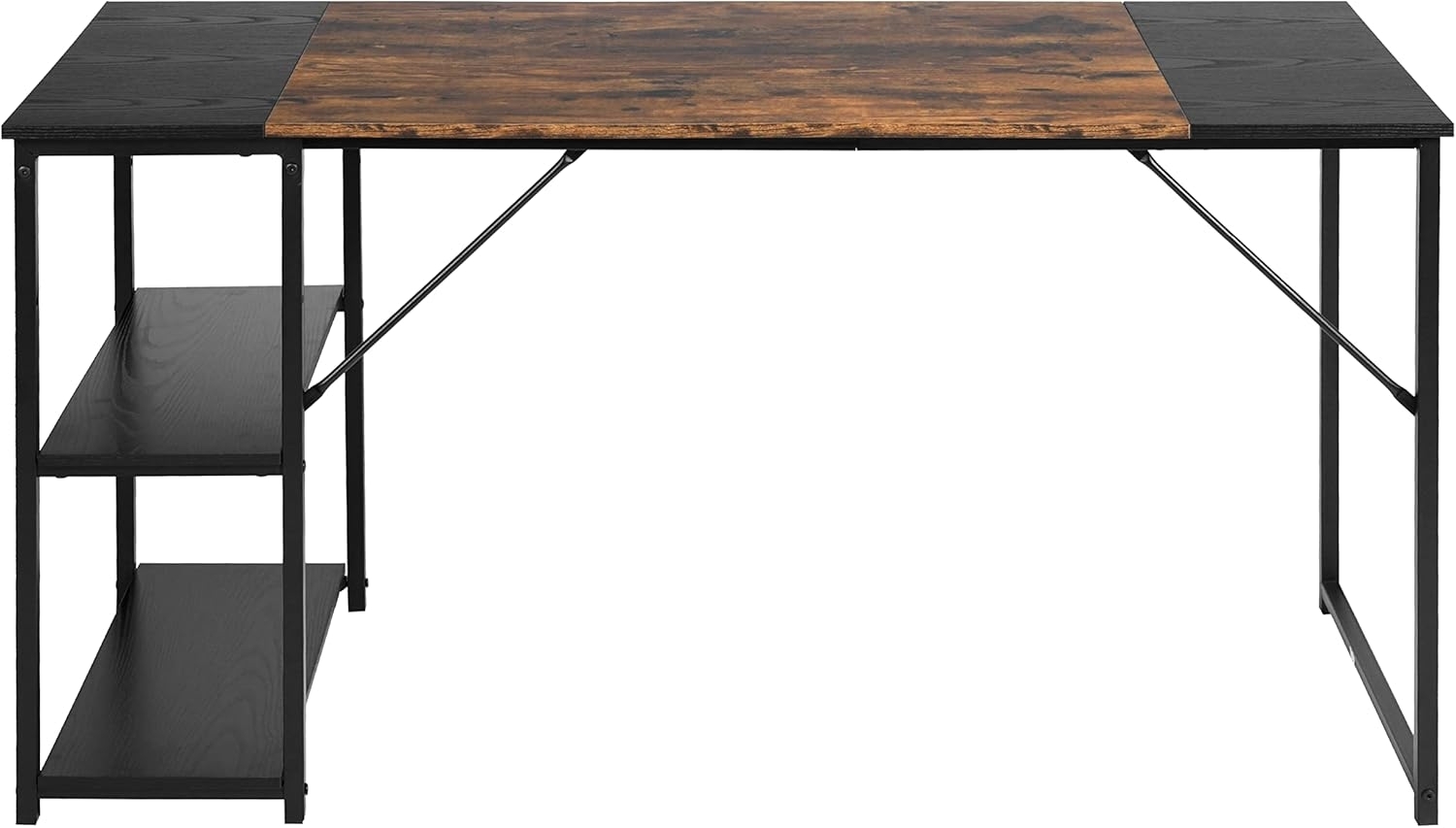 FurnitureR Schreibtisch mit Regal, 120×60×74 cm Arbeitstisch mit 2 Ablagen, Industrieller Computertisch aus Holz und Metall für Home Office, Wohnzimmer oder Arbeitszimmer, Schwarz-Braun+Schwarze Regal Bild 1