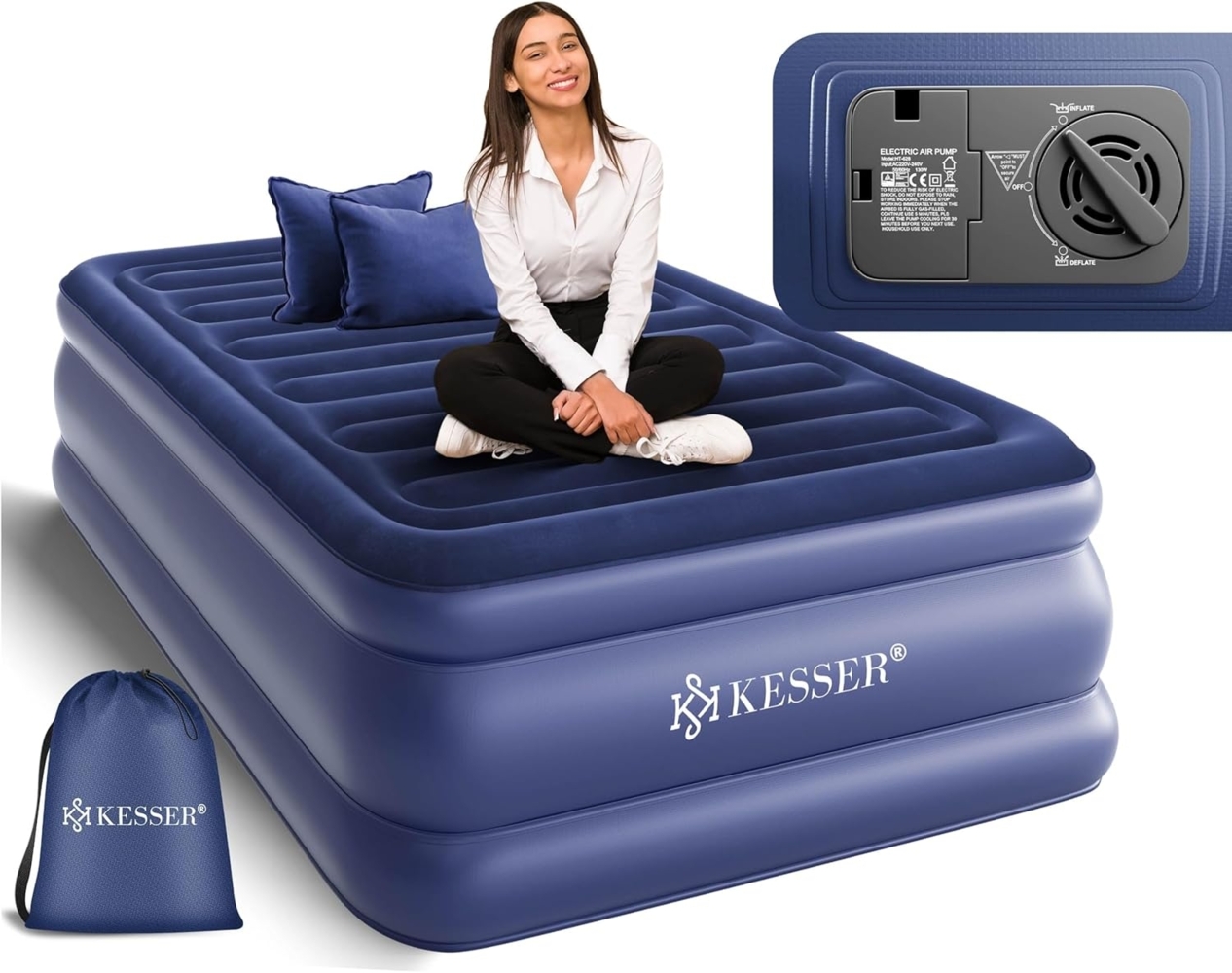 KESSER® Aufblasbare Matratze Luftbett mit eingebauter elektrischer Pumpe integrierte erhöhte aufblasbare Matratze für Übernachtungsgäste mit Aufbewahrungstasche Blau, Einzel Bild 1
