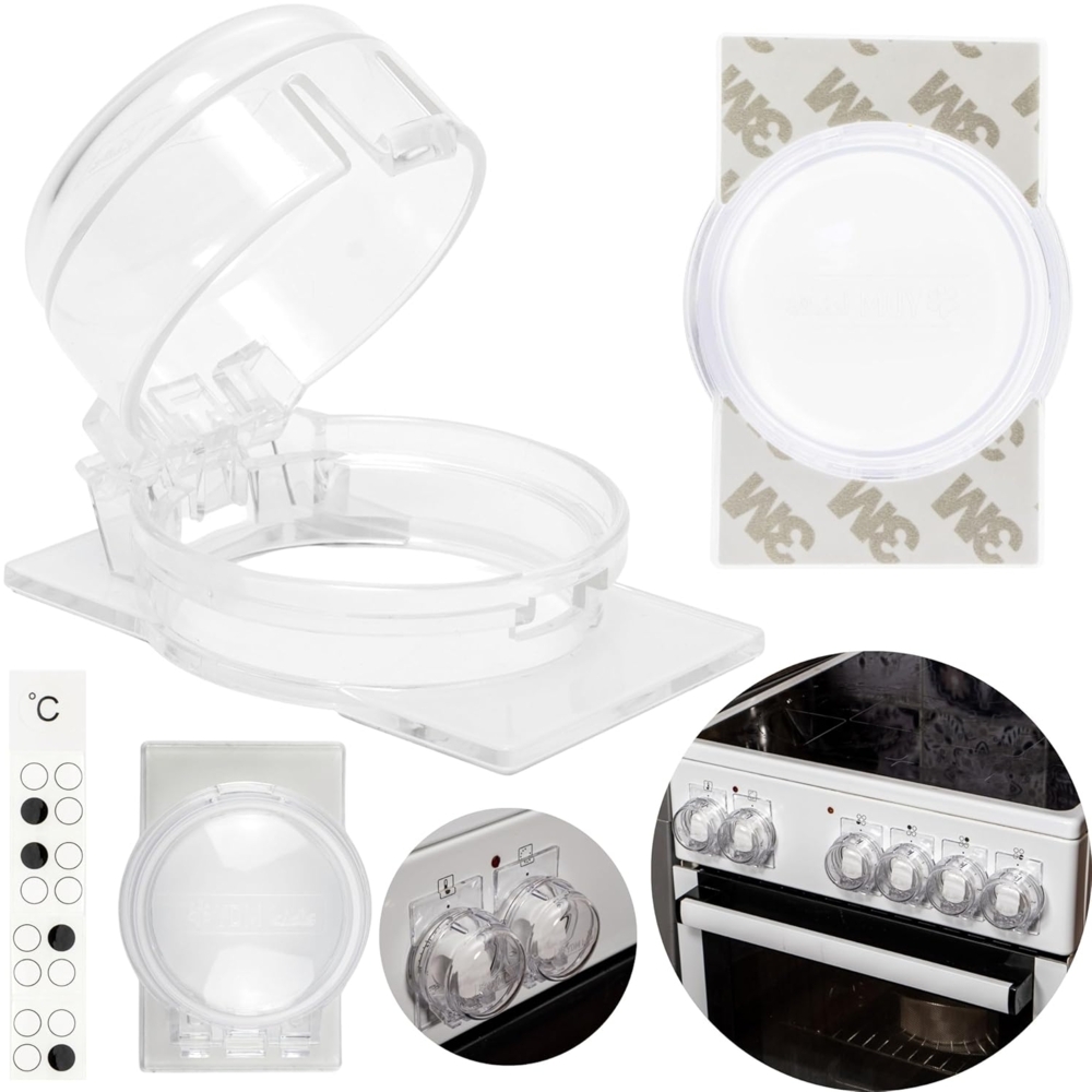 Herdknopf Kindersicherung, 2 Pack, Montage ohne Knopf Demontage, für max. Ø 4,9 cm und 4 cm hohe Herdknöpfe Schutz mit min. 6,1 cm Abstand Mitte-Mitte, transparenter Kleber, Herdschutz Baby Sicherung Bild 1