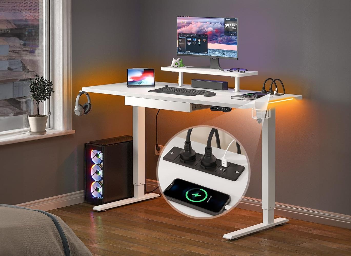 YITAHOME Höhenverstellbarer Schreibtisch 140x60cm,Schreibtisch Höhenverstellbar Elektrisch mit Steckdose,Ergonomischer Steh-Sitz Tisch mit Vierteilige Tischplatte, Computertisch mit Memory Funktion Bild 1