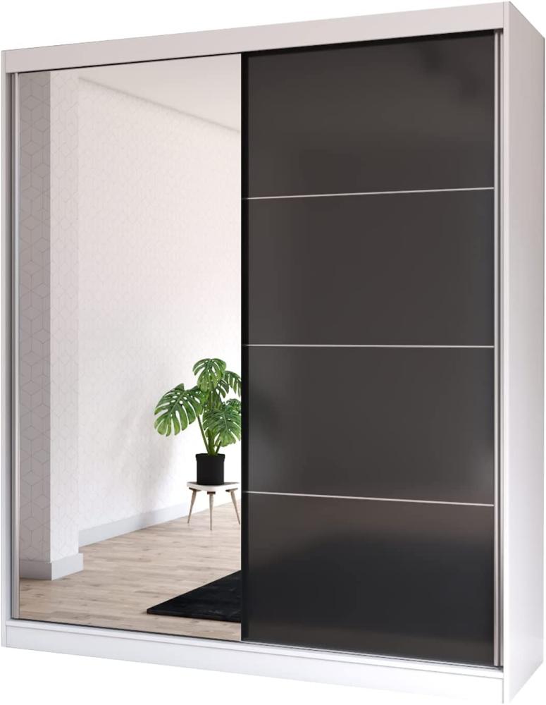 Fabryka Mebli Idźczak Schiebetürenschrank, eleganter Kleiderschrank Schrank Garderobe Spiegel Multi 31-180 cm, Schlafzimmer- Wohnzimmerschrank Schiebetüren Modern Design (Weiß/Schwarz) Bild 1