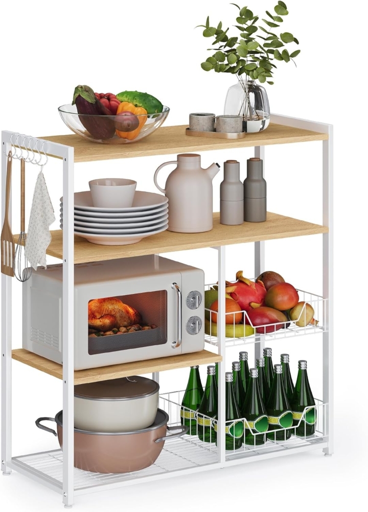 Vasagle Küchenregal, Standregal mit 2 Metallkörben, Bäckerregal mit Haken und Regalablagen, Mikrowellenregal, 35 x 80 x 95 cm, hellwalnussbraun-weiß Bild 1