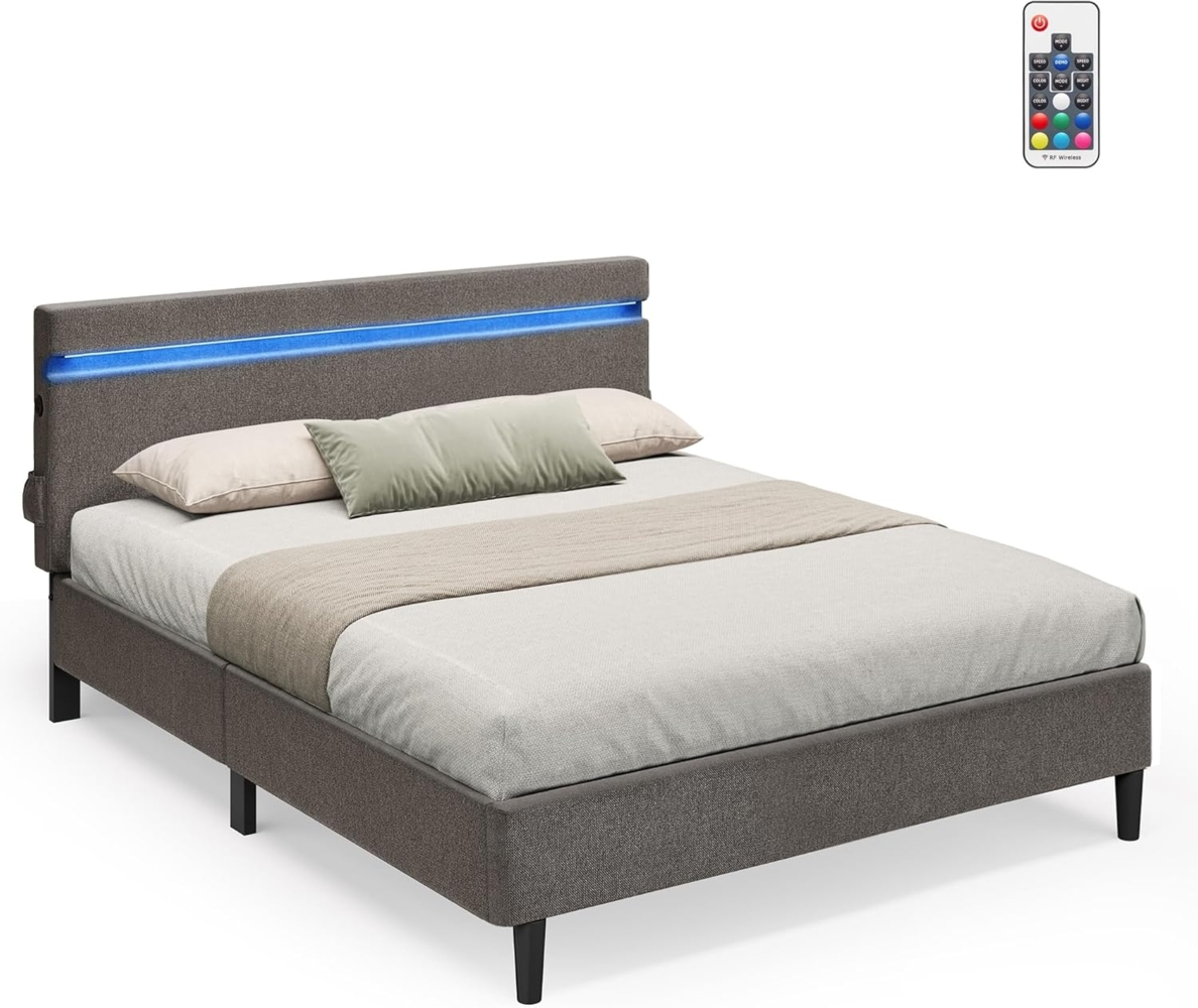 Vasagle Doppelbett mit LED-Beleuchtung, USB- und TYPE-C Anschluss, Vlies dunkelgrau, 140x200 cm Bild 1