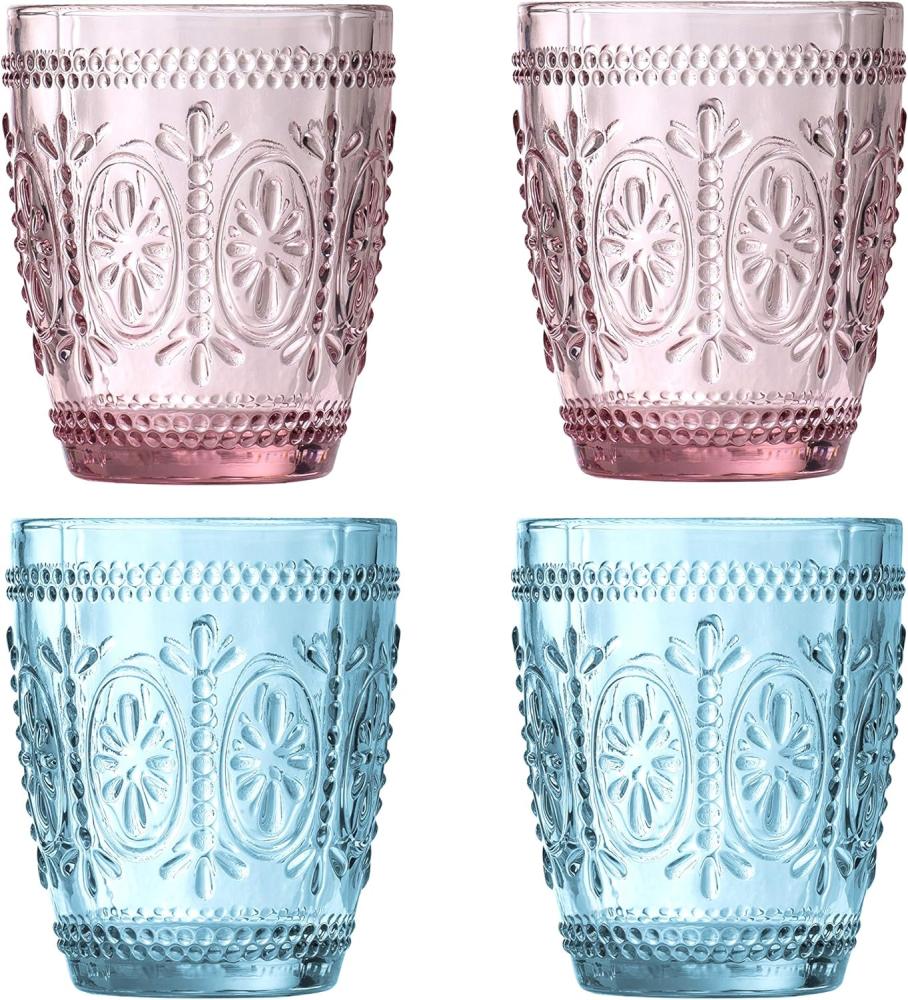 Premier Housewares Fleur Glass Trinkglas, 4er Set, 280ml, 2 Rosa, 2 Blau Bild 1