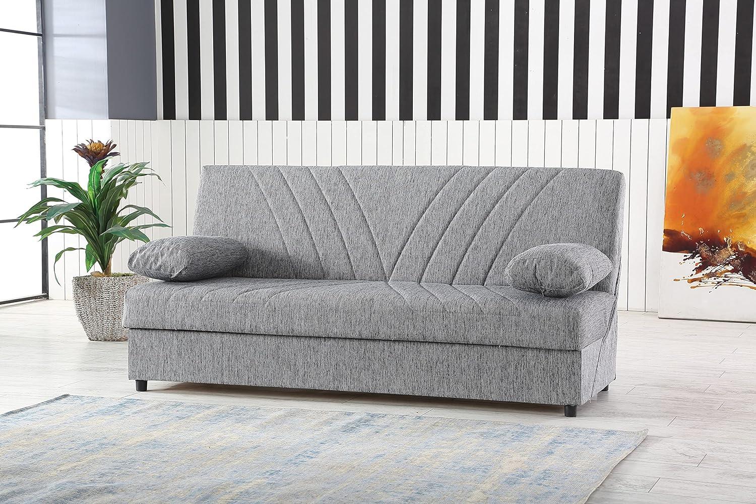 Dmora - Schlafsofa Ramon, 3-Sitzer-Container-Schlafsofa mit 2 Kissen inklusive, Wohnzimmersofa aus gepolstertem Stoff mit Klick-Klack-Öffnung, Cm 181x81h88, Grau Bild 1