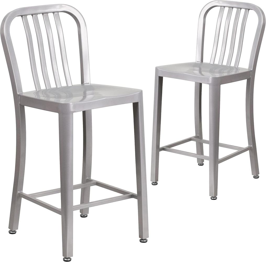 Flash Furniture Barhocker mit Rückenlehne – Metall-Barstuhl für Innen- und Außenbereich – Tresenstuhl ideal für die gewerbliche Nutzung – 2er Set – Silber Bild 1