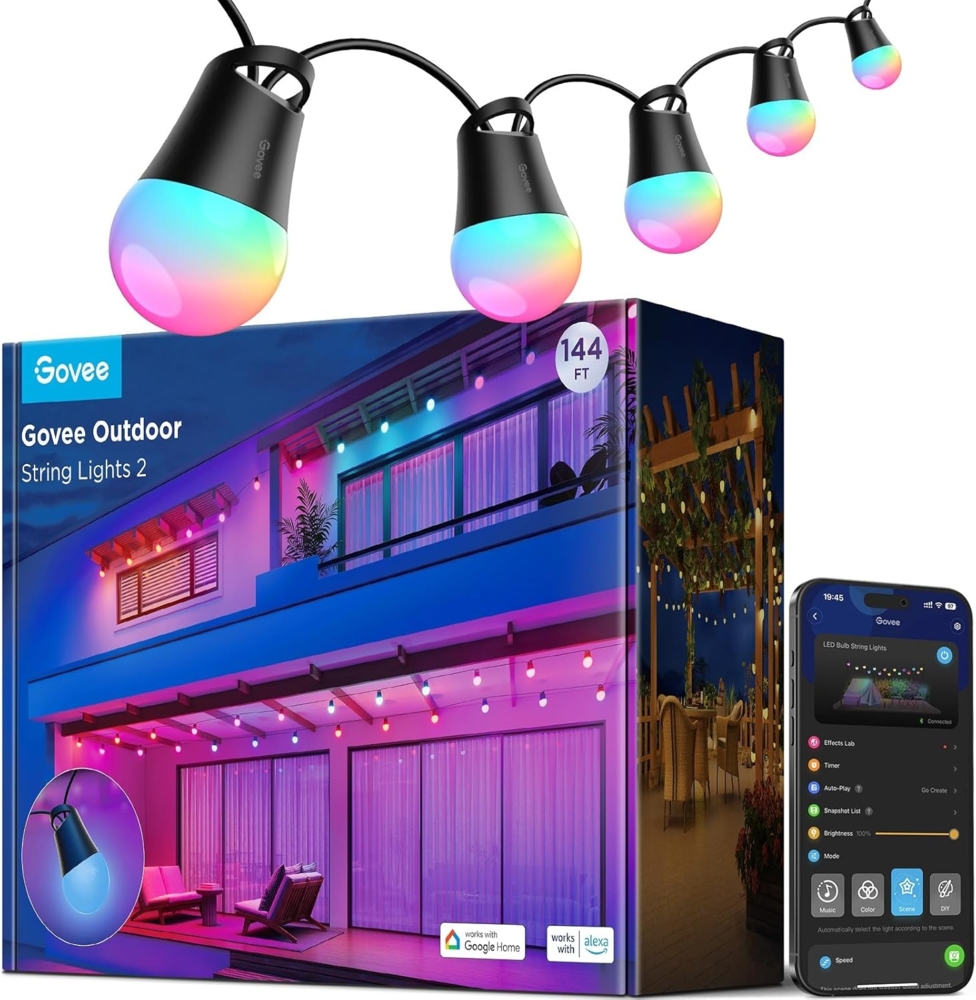 Govee Smart Lichterkette Außen 2, 45M RGBIC Glühbirnen mit Dimmbaren Warmweißen LED Leuchtmitteln, 47 Szenenmodi für Terrasse, Hinterhof, IP65 Wasserdicht, Funktioniert mit Alexa, App-Steuerung Bild 1