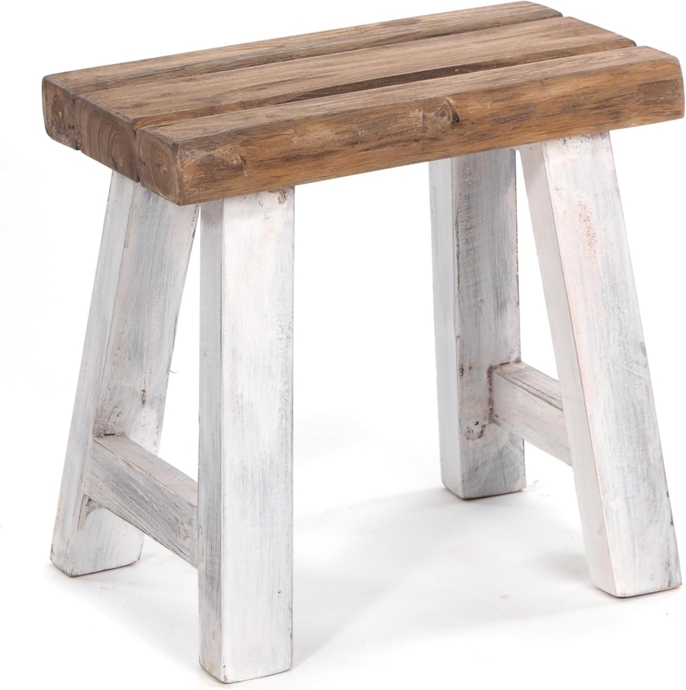 DESIGN DELIGHTS Vinatge SITZHOCKER Rustic | 41 x 42 x 24 cm (HxBxT), Hocker aus massivem Teak Holz, rustikal natürlicher Holzhocker, BEistellhocker, Küchenhocker | Farbe: 05 weiß-Natur Bild 1
