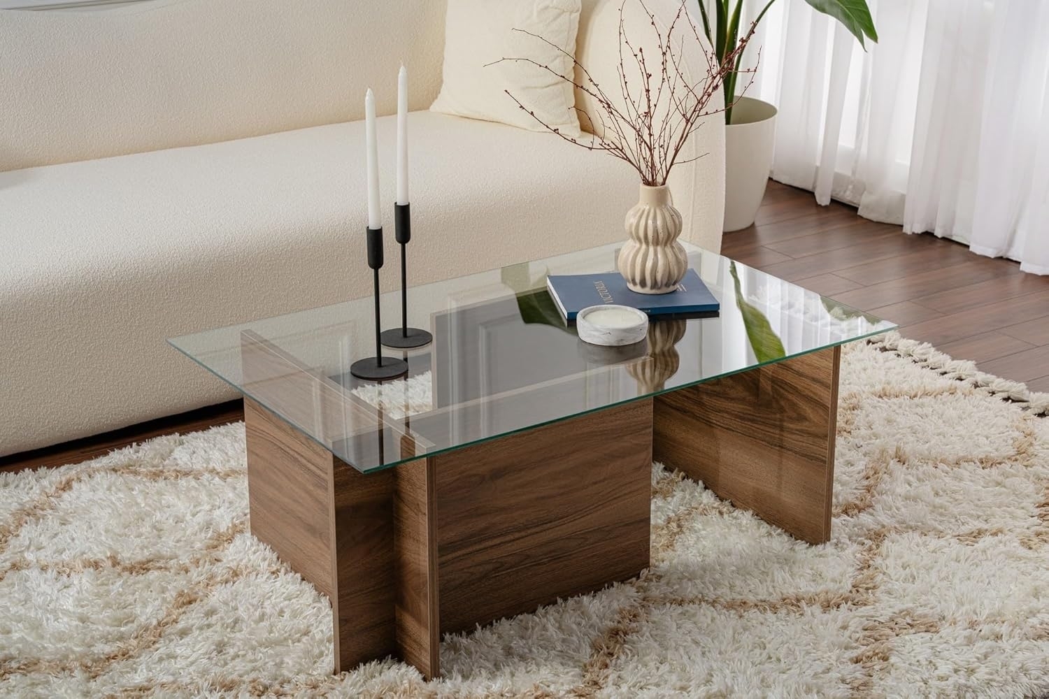 Hanah Home Elegant Walnut Coffee Table, 105 x 65 x 40 cm | 100% Tempered Glass Top, 100% Melamine Coated Particle Board, 18 mm Thick | Stylish & Durable Design Bild 1