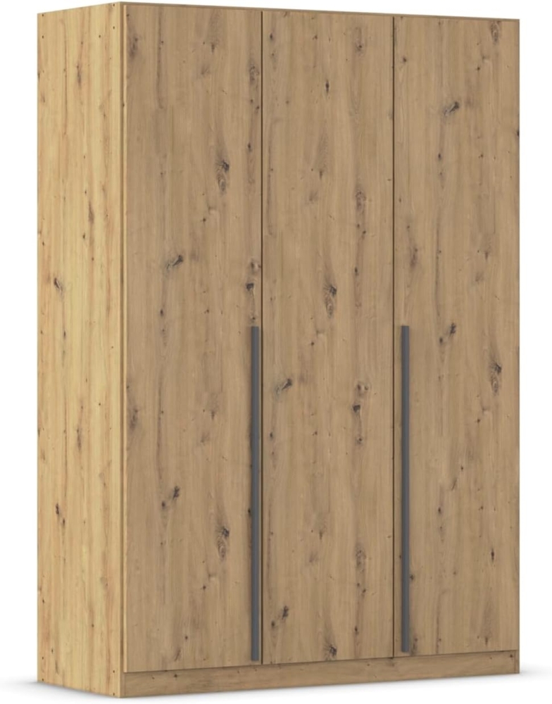 rauch Kleiderschrank Alba, Drehtürenschrank, Garderobenschrank, 3-türig, mit 2 Kleiderstangen und 2 Einlegeböden, Farbe Eiche Artisan, Holz, Griffstange Grau metallic, Schwarz, 136x197x54cm Bild 1